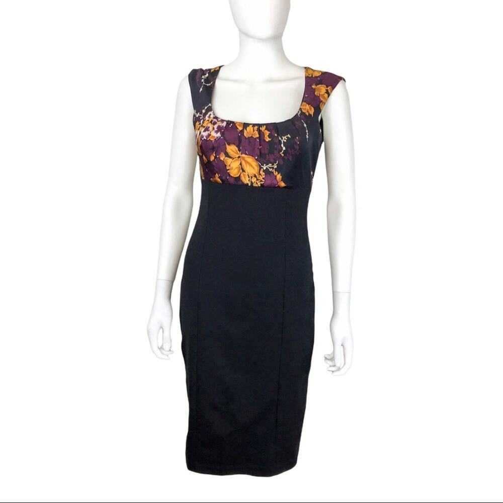 Elie Tahari Purple & Black Floral Bodycon Dress Silk Blend Knee-length Sz 4